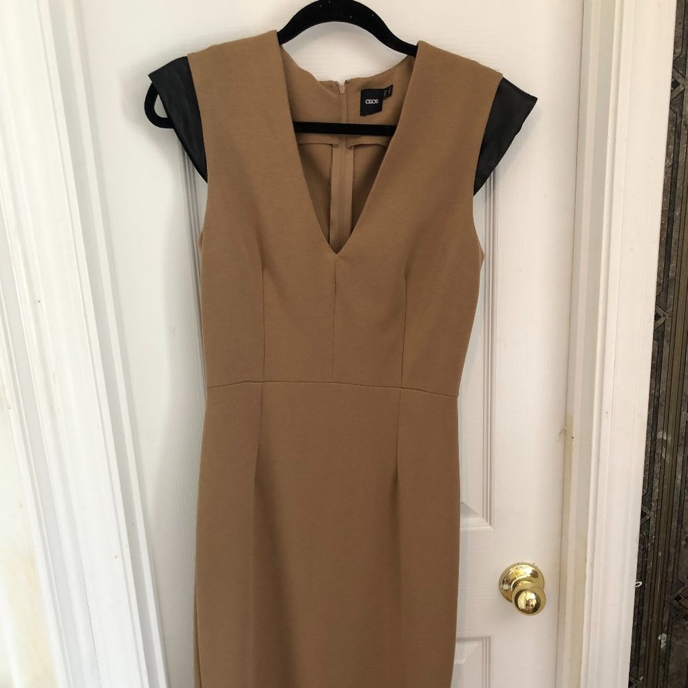 Asos tan midi dress with black faux sleeves sz 8